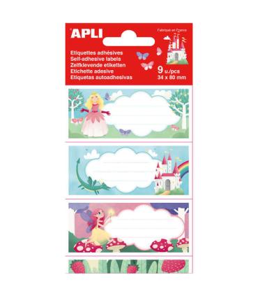 Apli Etiquetas Adhesivas Escolares Princesas - Tamaño 81x36mm - 9 Etiquetas en 3 Hojas - Adhesivo Permanente de Alta Calidad ..