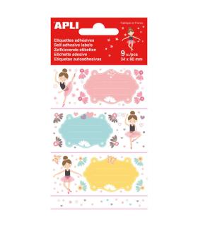 Apli Etiquetas Adhesivas Escolares Bailarinas - Tamaño 81x36mm - 9 Etiquetas (3 por Diseño) - Adhesivo Permanente de Alta Calida