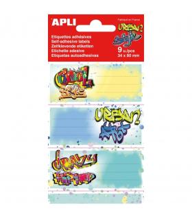 Apli Pack de 9 Etiquetas Escolares Modelo Grafitis - Tamaño 81x36mm - Adhesivo Permanente - Ideales para Marcar e Identificar Li