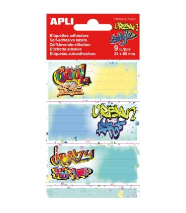 Apli Pack de 9 Etiquetas Escolares Modelo Grafitis - Tamaño 81x36mm - Adhesivo Permanente - Ideales para Marcar e Identificar Li