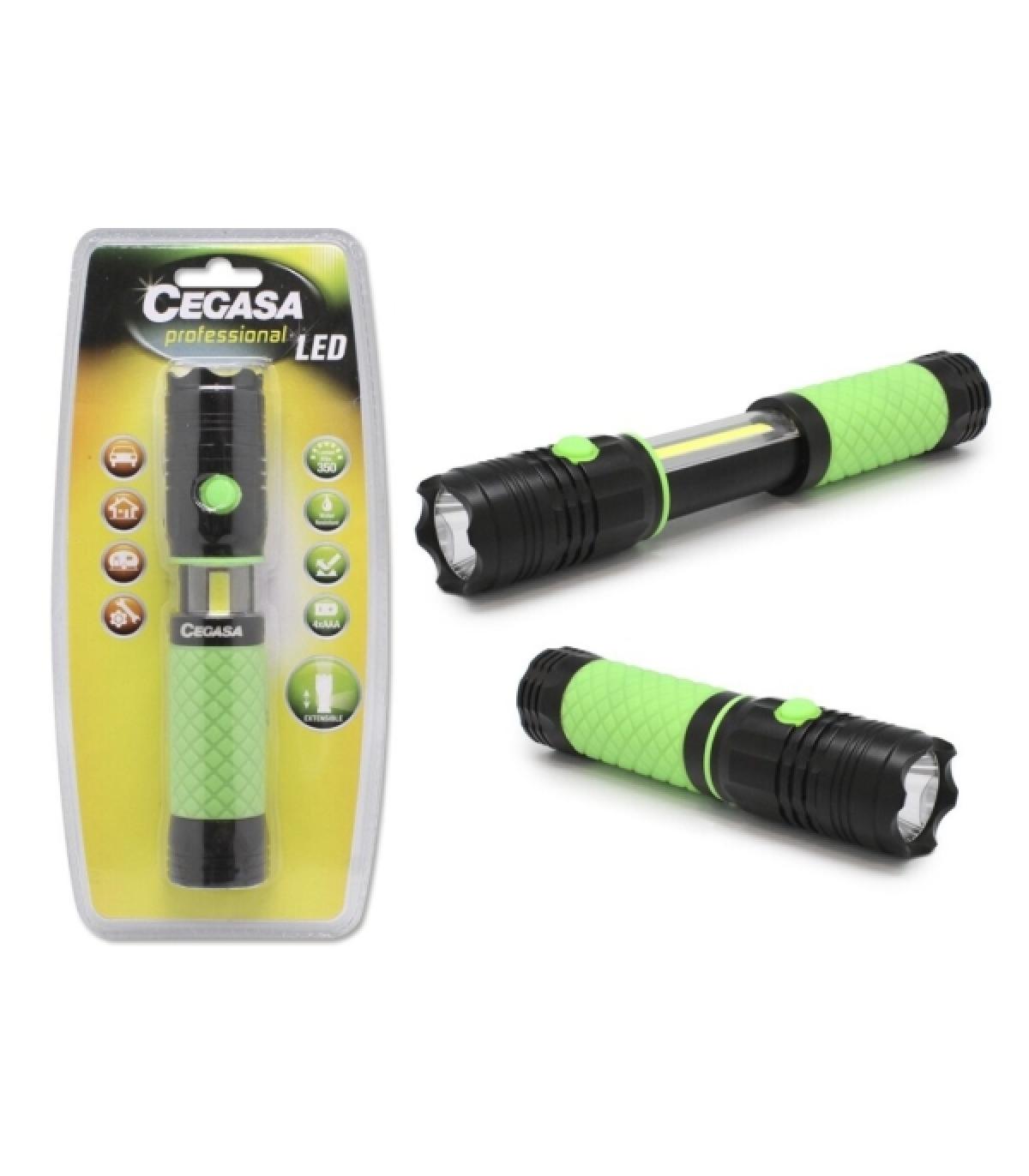 Cegasa Profesional Linterna LED Extensible con Luz Frontal 350lm y Luz Lateral 120lm - Resistente al Agua IP44 - Funciona con 4.