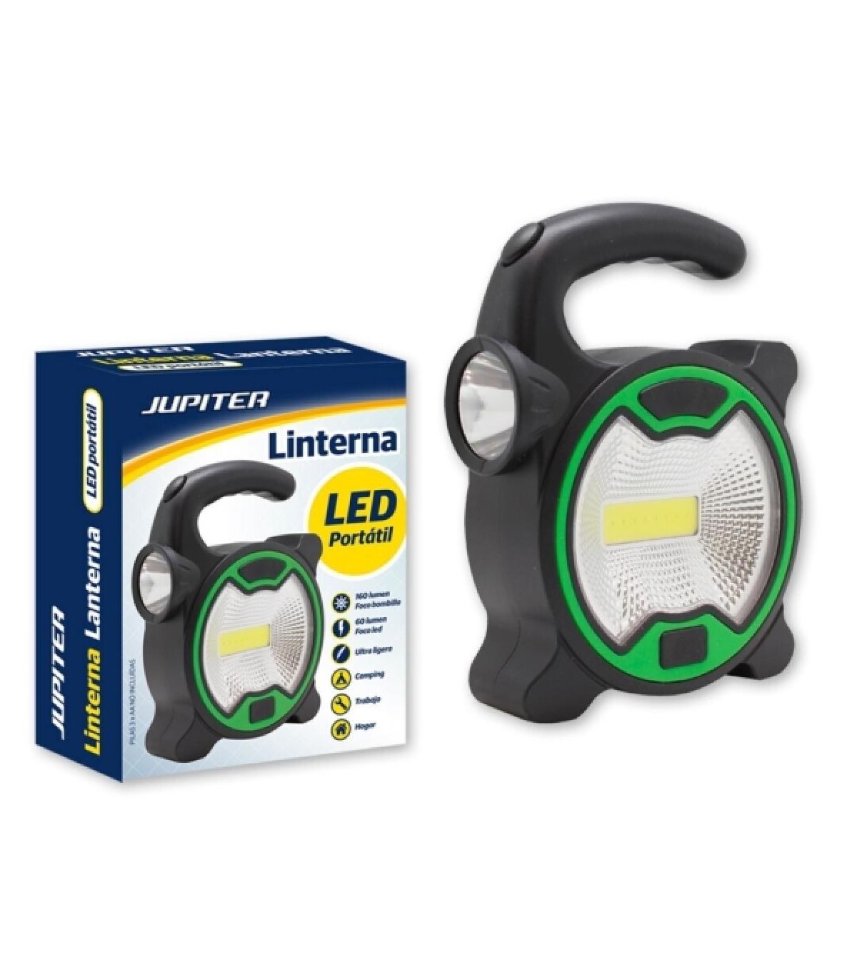 Jupiter Linterna COB+1 LED - Foco Bombilla 160lm, Foco LED 60lm - Funciona con 3 Pilas AA (No Incluidas) - Color Negro/Verde