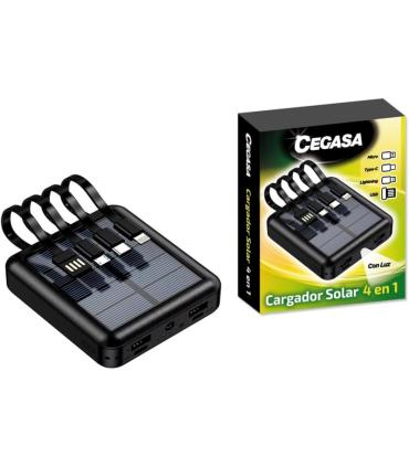Cegasa Powerbank Solar 4 en 1 5.000mAh - Salidas USB-C, Lighting, USB-A, Micro USB - Con Linterna - Color Negro