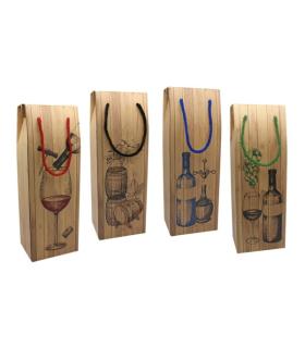 Bismark Caja/Bolsa de Carton con Asa para Botellas - Acabado Efecto Madera - Medidas 12,5x10x36cm - 4 Diseños Surtidos Pack..