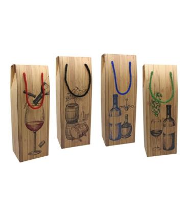 Bismark Caja/Bolsa de Carton con Asa para Botellas - Acabado Efecto Madera - Medidas 12,5x10x36cm - 4 Diseños Surtidos Pack..