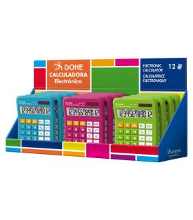 Dohe Expositor de 12 Calculadoras - Alimentacion Solar y a Pilas - 12 Digitos - Teclas de Memoria - Colores Surtidos Pack de 12