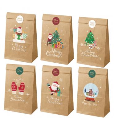 Dohe Navidad Pack de 12 Bolsas de Papel Kraft 22x12x8cm - 2 Bolsas por Modelo - Alta Resistencia