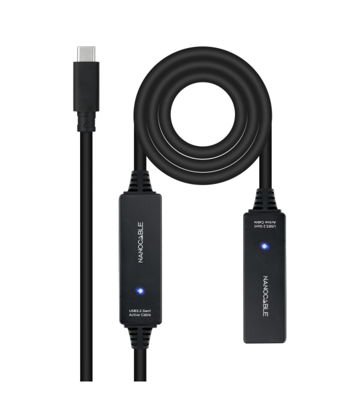 Nanocable Cable Prolongador USB-C 3.2 Macho a USB-C 3.2 Hembra - 10 Metros - Amplificador - Color Negro