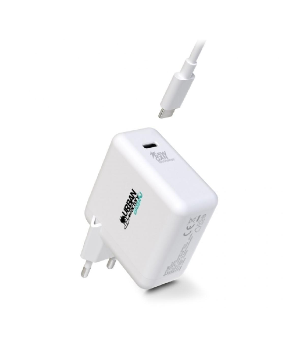 Urban Factory Cyclee Cargador de Pared USB-C GaN de 65W - Diseño Ecologico - Cable USB-C/USB-C de 2m - Color Blanco