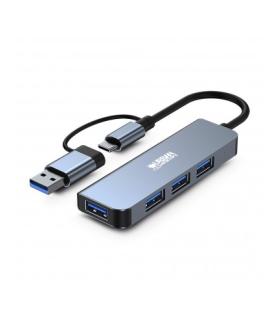 Urban Factory Minee HUB 4 en 1 - USB-A/C Macho - USB-A Hembra - Color Gris Metal