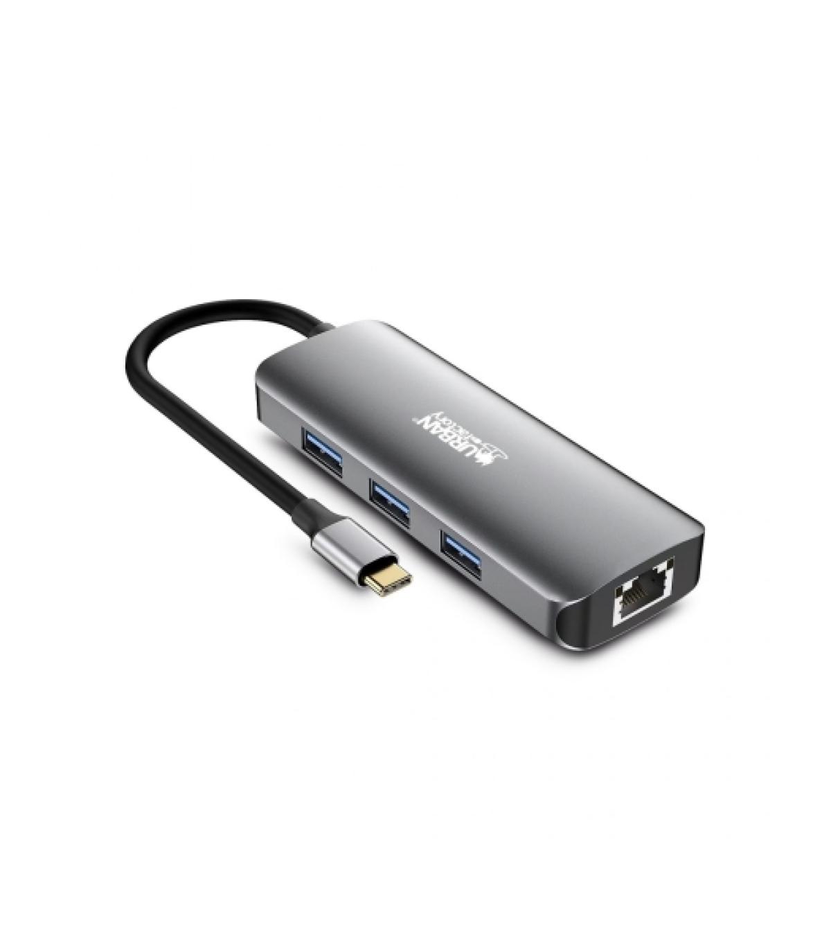 Urban Factory Hubee HUB 7 en 1 - USB-C Macho - USB-A/HDMI/RJ45/USB-C Hembra - 100W PD - Color Gris Metal