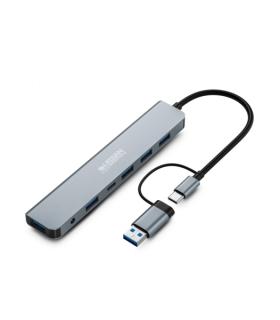 Urban Factory Minee HUB 6 en 1 - USB-A/C Macho - USB-A/C Hembra - Alimentacion Externa con Adaptador de Corriente - Color Gris..