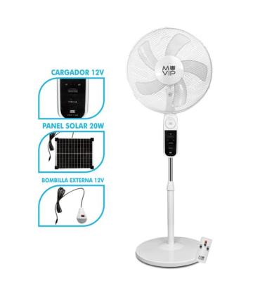 Muvip Ventilador de Pie Solar - 12000mAh - 40cm - 4 Velocidades - Luz LED - USB - Color Blanco