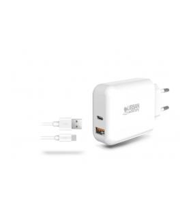 Urban Factory Powee Cargador de Pared USB-C de 45W y USB-A de 18W - Cable USB-A a USB-C de 1m - Color Blanco