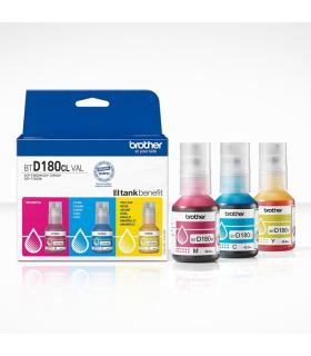 Brother BTD180CLVAL Pack de 3 Botellas de Tinta Original Cyan, Magenta y Amarillo - BTD180CLVAL