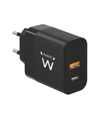 Ewent EW1327 Cargador GaN Universal de Pared 45W Ultrarapido - 1x USB-C PD 3.0 & PPS, 1x USB-A QC 2.0 - Color Negro