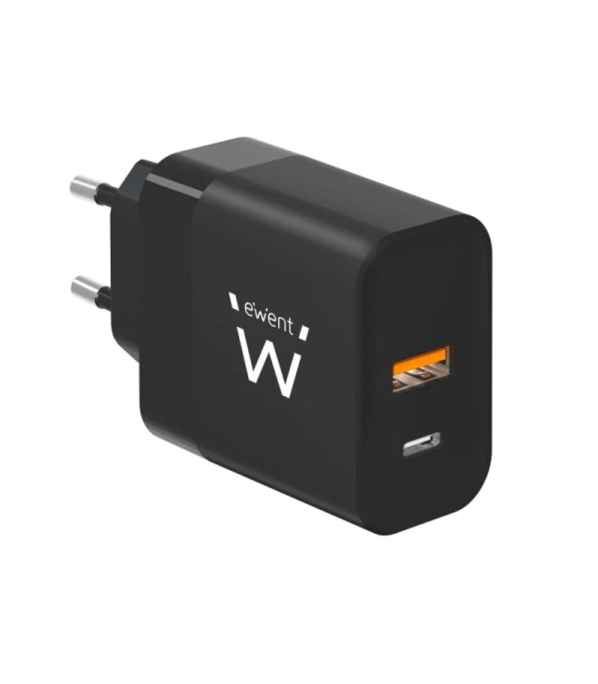 Ewent EW1327 Cargador GaN Universal de Pared 45W Ultrarapido - 1x USB-C PD 3.0 & PPS, 1x USB-A QC 2.0 - Color Negro