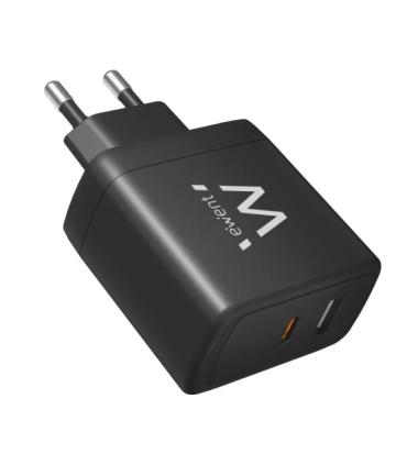 Ewent EW1330 Cargador GaN Universal de Pared 65W Ultrarapido - 1x USB-C PD 3.0 & PPS, 1x USB-A QC 3.0 - Color Negro