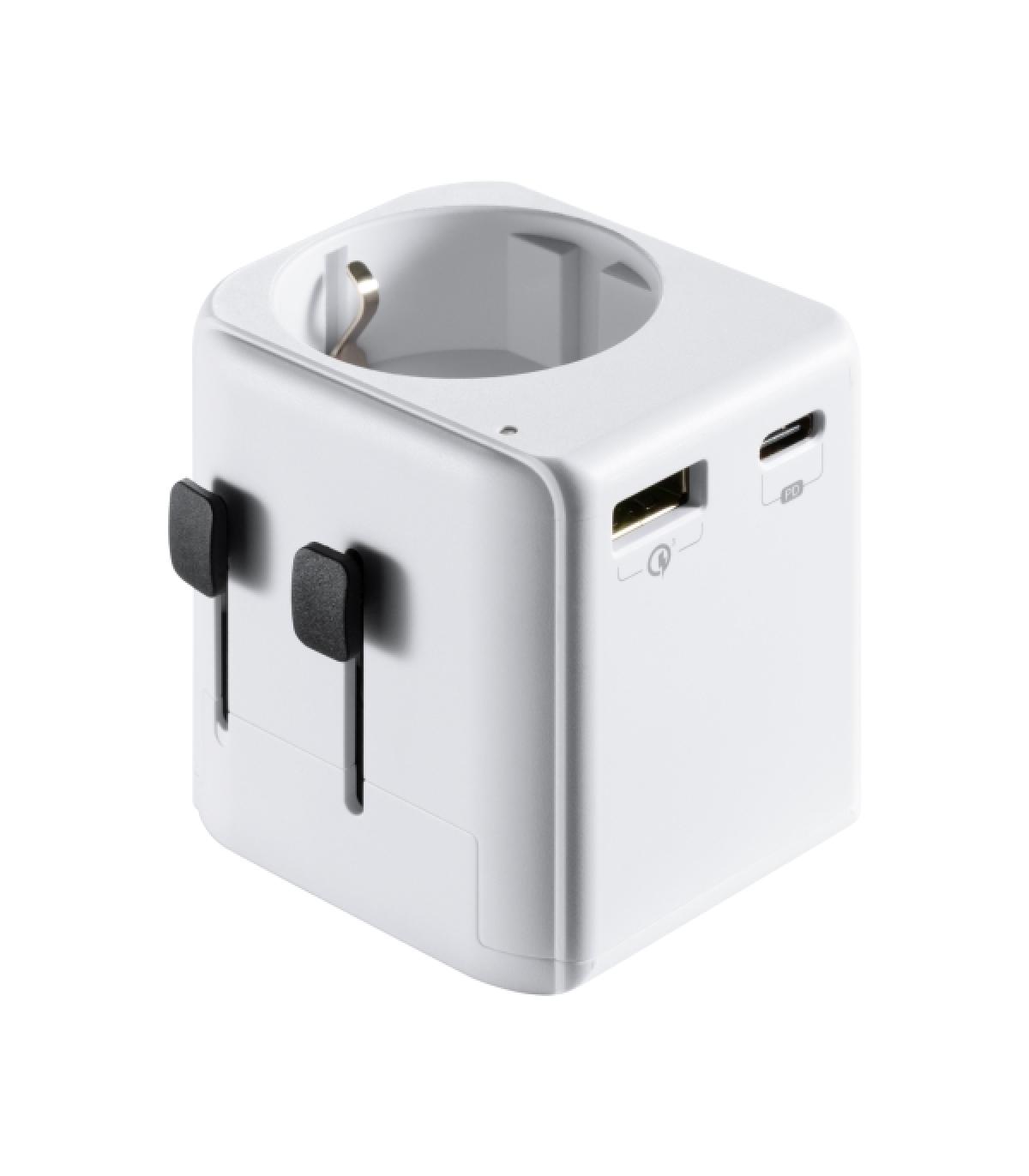Ewent EW1472 Cargador de Viaje Universal - 1xUSB-C, 2xUSB - 15W - USA, UK, AUS, China - Color Blanco