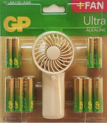 GP Ultra Alcalina Pack de 12 Pilas AAA + 12 Pilas AA + Ventilador de Mano de Regalo