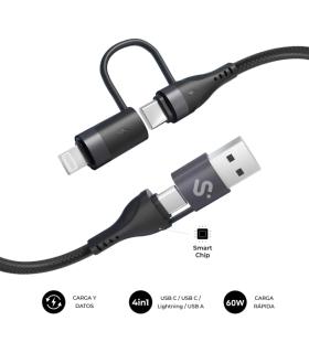 Subblim Cable Top 4 en 1 - USB-A USB-C Lightning - 60W - Nylon Trenzado - Carga Rapida - 1 Metro
