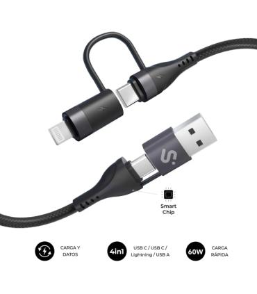 Subblim Cable Top 4 en 1 - USB-A USB-C Lightning - 60W - Nylon Trenzado - Carga Rapida - 1 Metro