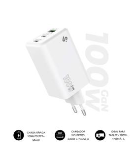 Subblim Cargador de Pared GaN 100W - 3 Puertos (2xUSB-C + 1xUSB-A) - Carga ultra rápida - Color Blanco