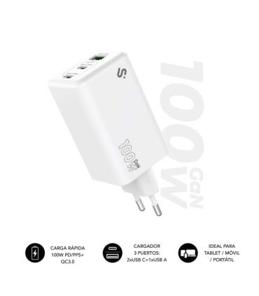 Subblim Cargador de Pared GaN 100W - 3 Puertos (2xUSB-C + 1xUSB-A) - Carga ultra rápida - Color Blanco