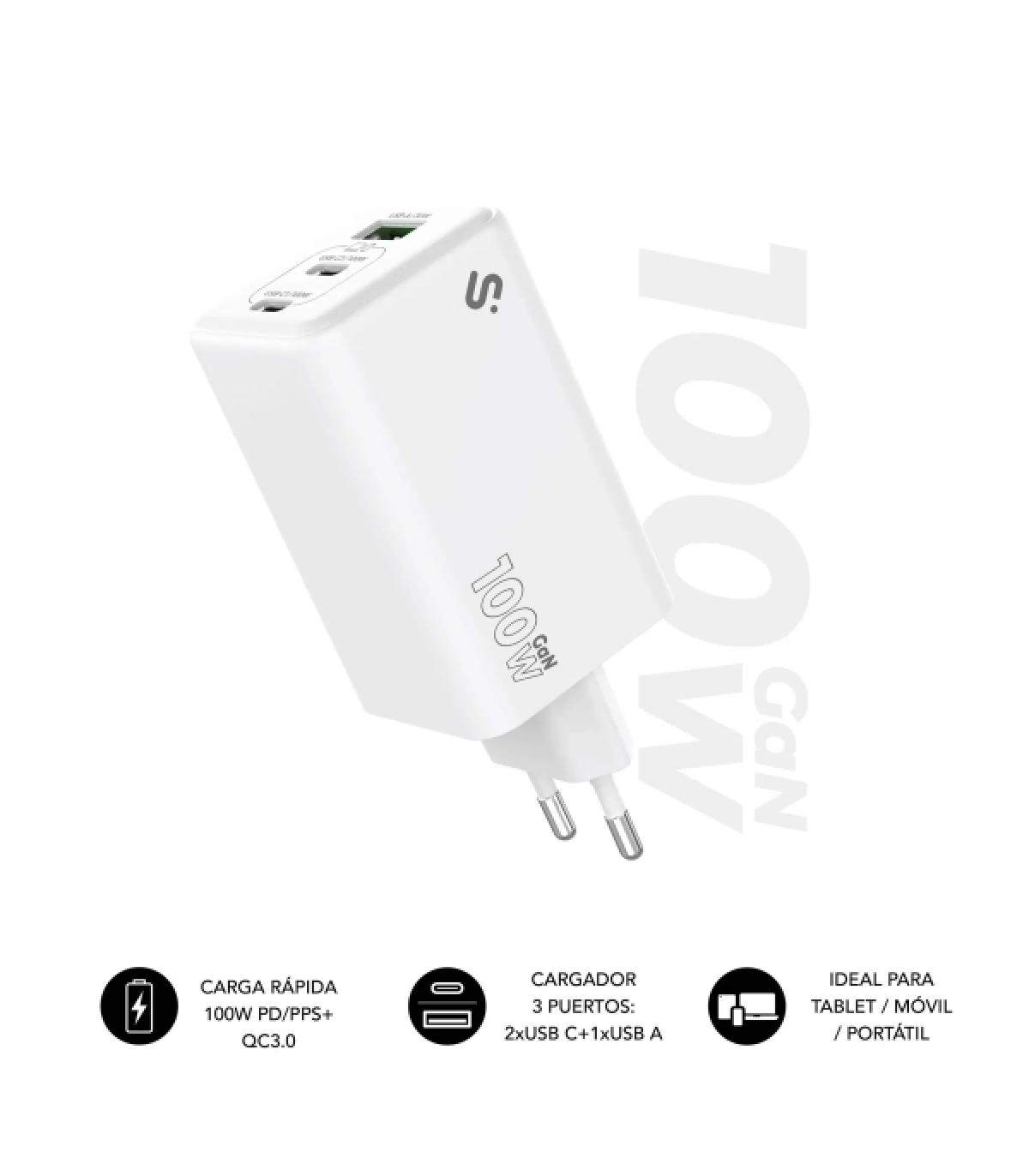 Subblim Cargador de Pared GaN 100W - 3 Puertos (2xUSB-C + 1xUSB-A) - Carga ultra rápida - Color Blanco