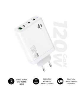 Subblim Cargador de Pared GaN 120W - 4 Puertos (3xUSB-C + 1xUSB-A) - Carga ultra rápida - Color Blanco