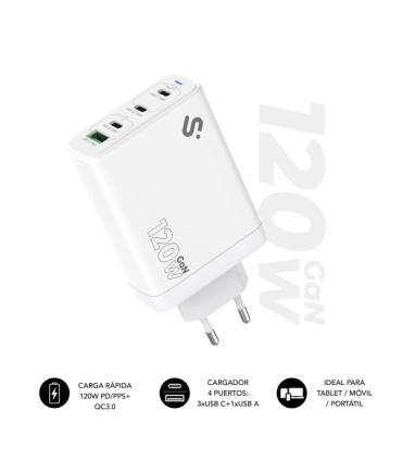 Subblim Cargador de Pared GaN 120W - 4 Puertos (3xUSB-C + 1xUSB-A) - Carga ultra rápida - Color Blanco