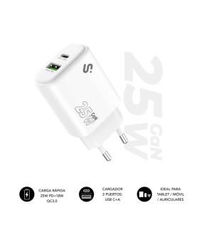 Subblim Cargador de Pared GaN 25W - USB-C + USB-A - Carga rápida - Color Blanco