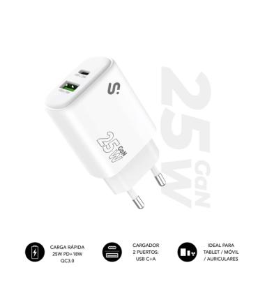 Subblim Cargador de Pared GaN 25W - USB-C + USB-A - Carga rápida - Color Blanco