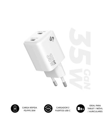 Subblim Cargador de Pared GaN 35W - 2xUSB-C - Carga rápida - Color Blanco