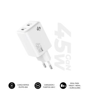 Subblim Cargador de Pared GaN 45W - 2xUSB-C - Carga Ultra rápida - Color Blanco
