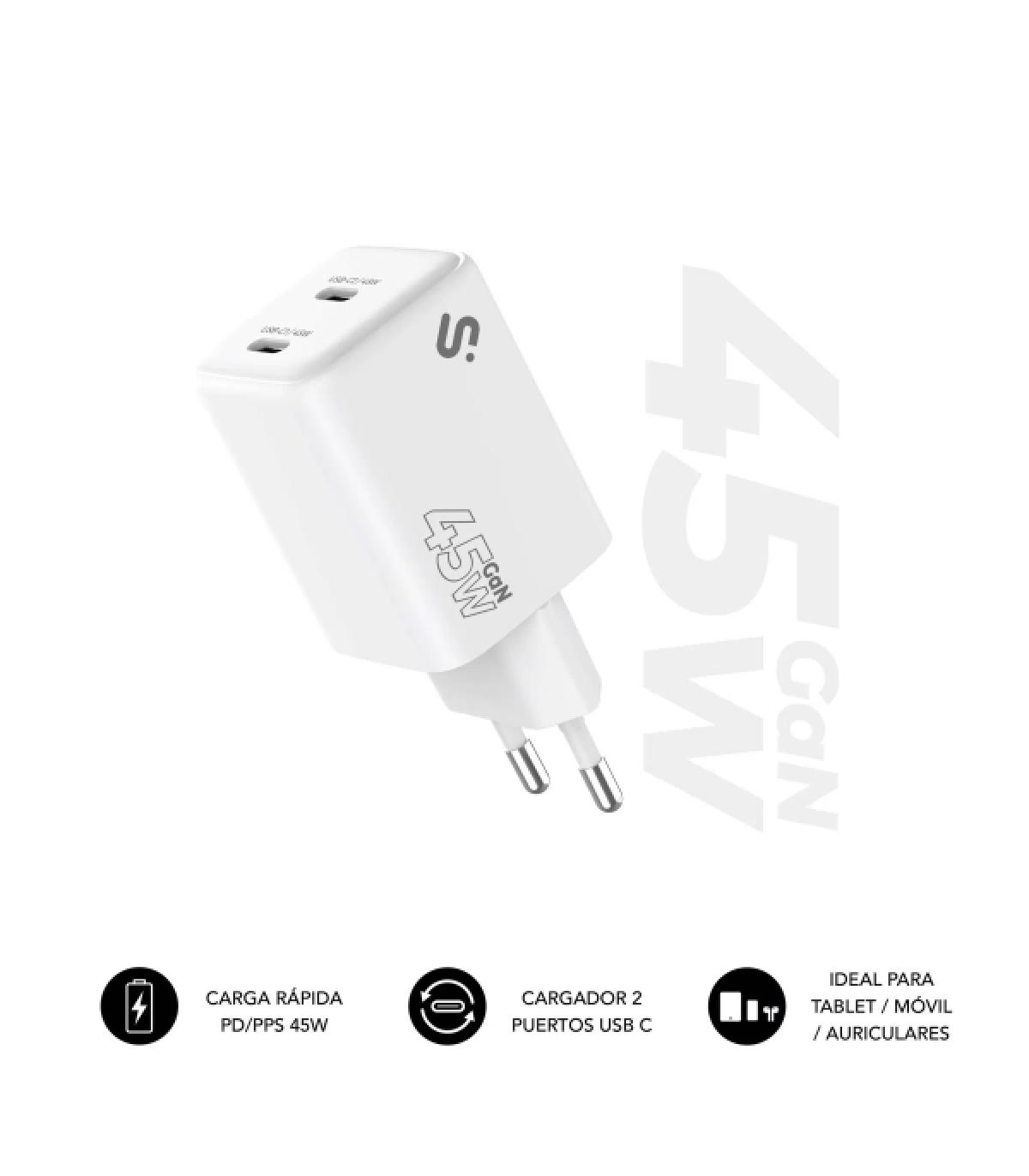 Subblim Cargador de Pared GaN 45W - 2xUSB-C - Carga Ultra rápida - Color Blanco