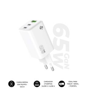 Subblim Cargador de Pared GaN 65W - 3 Puertos (2xUSB-C + 1xUSB-A) - Carga ultra rápida - Color Blanco