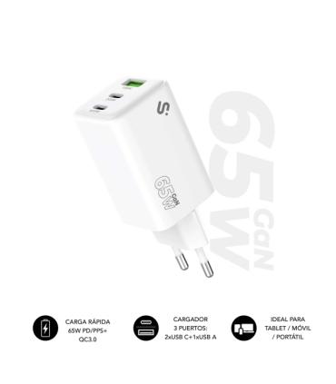 Subblim Cargador de Pared GaN 65W - 3 Puertos (2xUSB-C + 1xUSB-A) - Carga ultra rápida - Color Blanco
