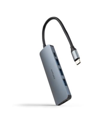 Nanocable HUB USB-C 5 en 1 - Conversor USB-C 3.1 a 3 x USB-A 3.0 + USB-C PD 100W + HDMI - Aluminio - 18cm - Color Gris