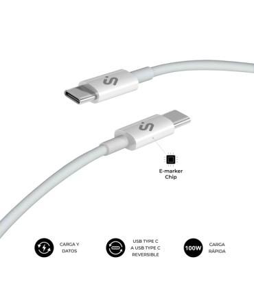 Subblim Cable Plus USB-C - 100W - Nylon Trenzado - 480Mbps - Chip E-Marker - 2 Metros - Color Blanco
