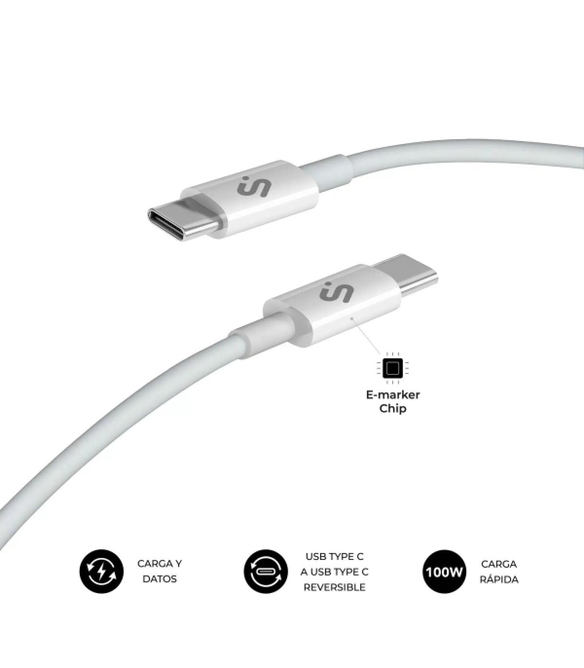 Subblim Cable Plus USB-C - 100W - Nylon Trenzado - 480Mbps - Chip E-Marker - 2 Metros - Color Blanco