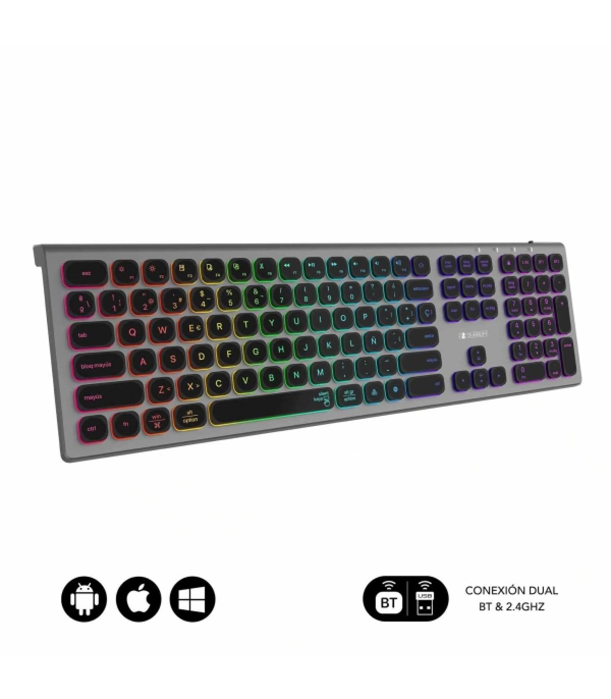 Subblim Teclado Inalambrico Master - Bluetooth y 2.4G - Iluminado - Teclas Ergonomicas de Bajo Perfil - Color Gris Negro