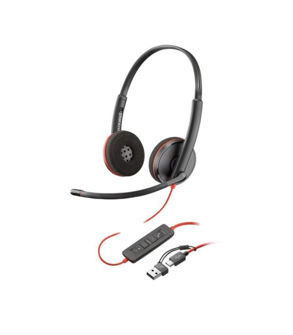 Plantronics/Poly Blackwire 3220 USB-C Auriculares con Microfono - Almohadillas Acolchadas - Controles en Cable - Adaptador USB-A