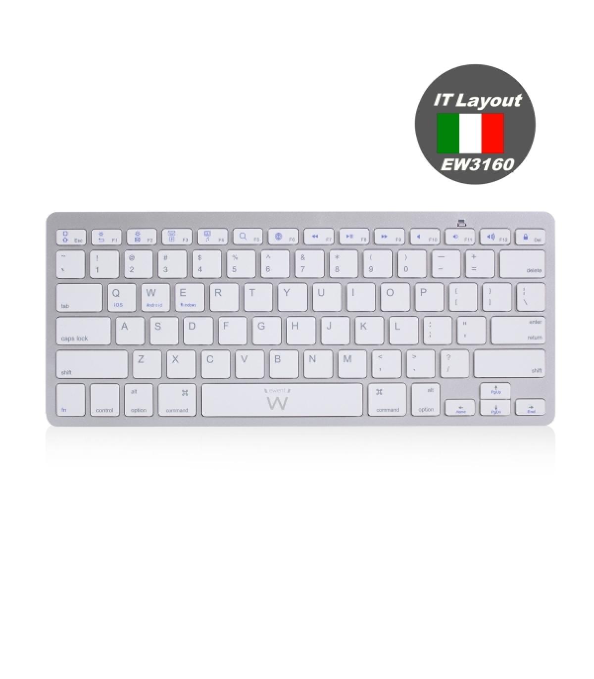 Ewent Teclado de Viaje - Modo Ahorro de Energia - Bluetooth 3.0 - Disposicion Italiana QWERTY IT - Color Plata