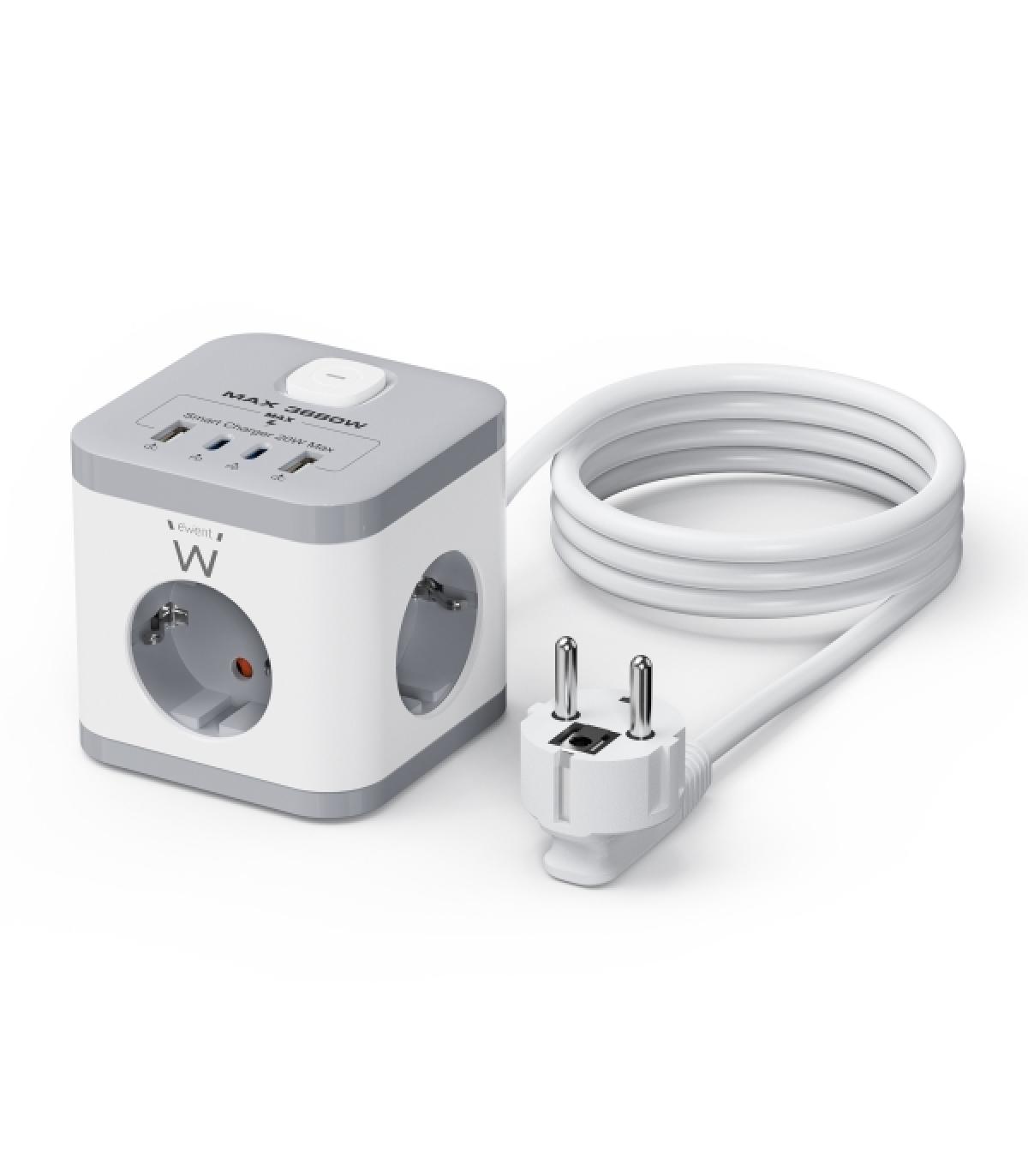 Ewent Regleta con 6 Tomas de Sobremesa - 3x Schuko 16A - 2x USB-A - 2x USB-C - Proteccion Infantil - Interruptor On/Off - Forma.