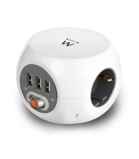 Ewent Regleta con 6 Tomas de Sobremesa - 3x Schuko 16A - 3x USB-A - Interruptor On/Off - Cable de 1.5m - Forma de Cubo - Color..