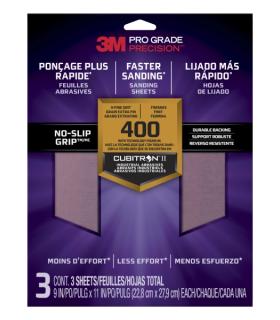 3M Pro Grade Precision Pack de 3 Hojas de Lijado - Grano 400 Extrafino - 22.8x27.9cm - Rendimiento Superior - Reduccion de Fatig