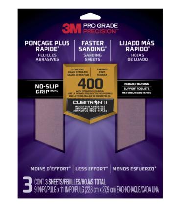 3M Pro Grade Precision Pack de 3 Hojas de Lijado - Grano 400 Extrafino - 22.8x27.9cm - Rendimiento Superior - Reduccion de Fatig
