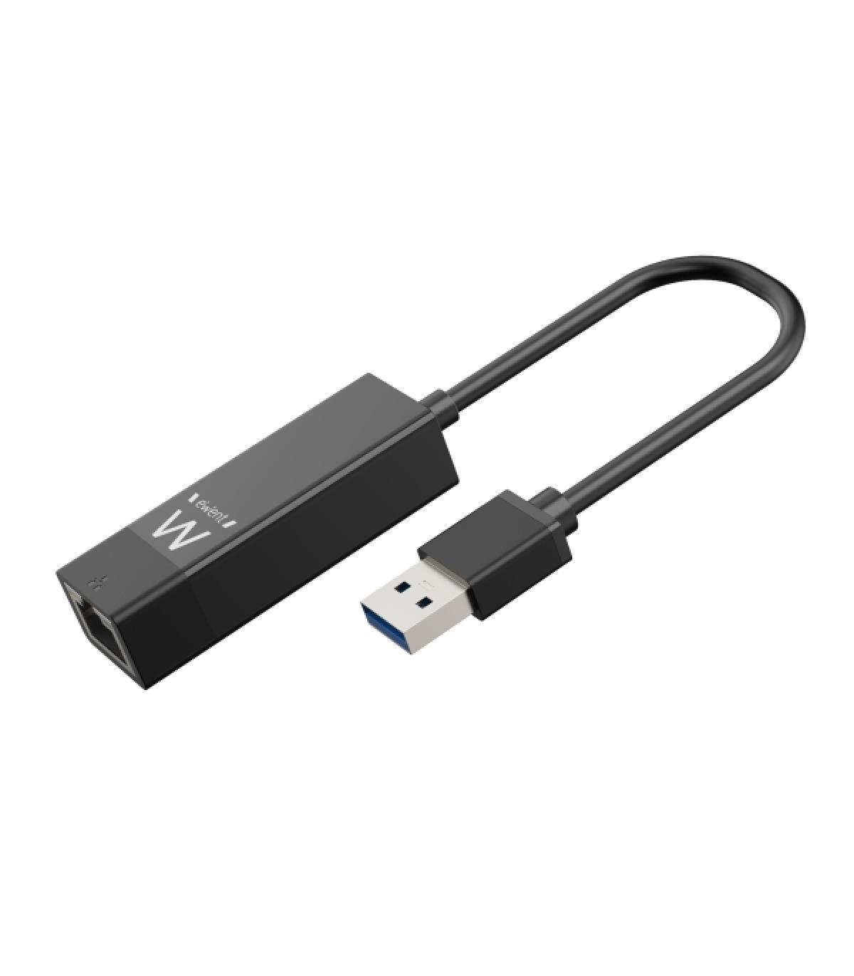 Ewent Conversor Adaptador de Red RJ45 a USB-A - Gigabit 10/100/1000Mbps - Cable de 15cm - Soporta WOL - Color Negro