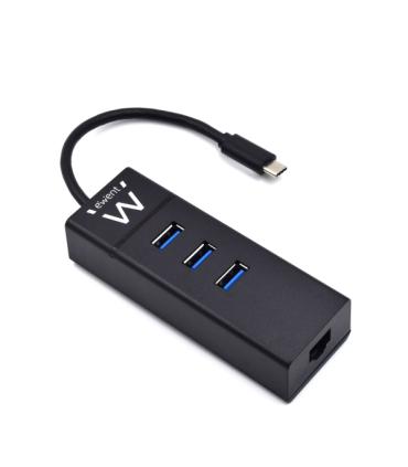Ewent Hub USB-C 4 en 1 - 3x USB-A - 1x RJ45 - hasta 1000Mbps - Cable de 15cm - Color Negro